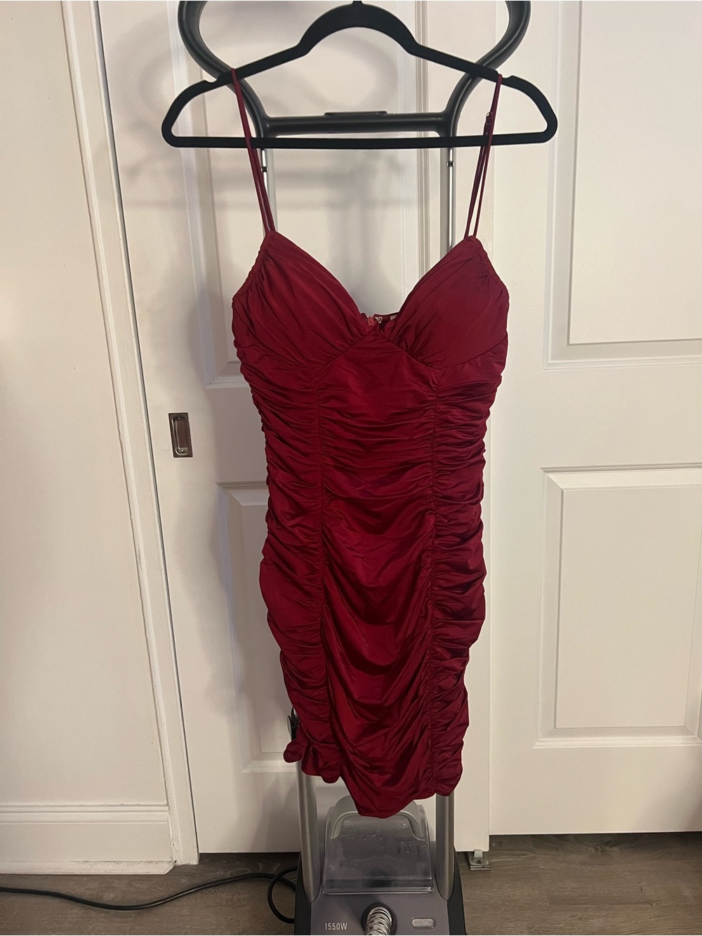 Selfie Leslie Burgundy Ruched Spaghetti-Strap Mini Dress
